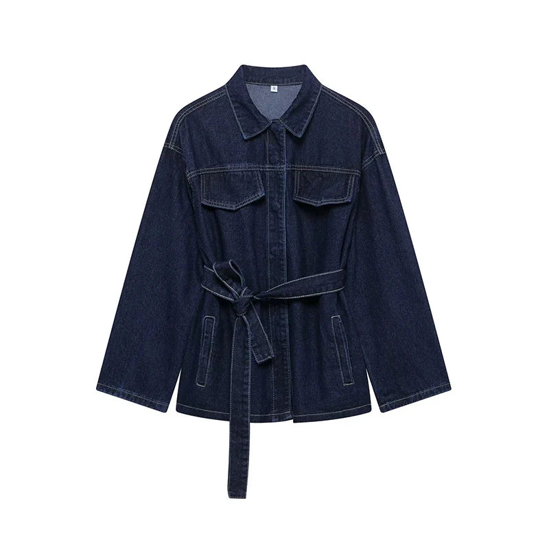 YENKYE Vintage With Belt Denim Jackets Women Y2K Lapel Single Breasted Pockets Coat 2025 Spring Lady Outfits Streetwear