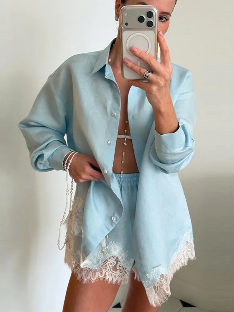 Beach Shirts Shorts Outfits Women Lapel Single Breasted Long Sleeves Lace Patchwork Sets Female 2026 Spring Summer Holiday Sets