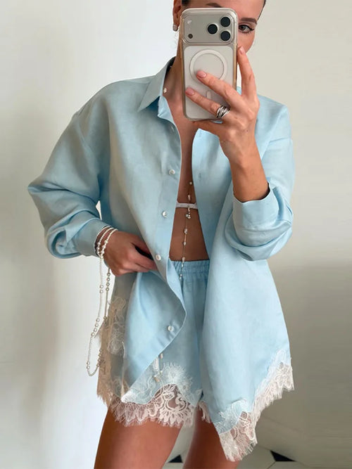 Beach Shirts Shorts Outfits Women Lapel Single Breasted Long Sleeves Lace Patchwork Sets Female 2026 Spring Summer Holiday Sets