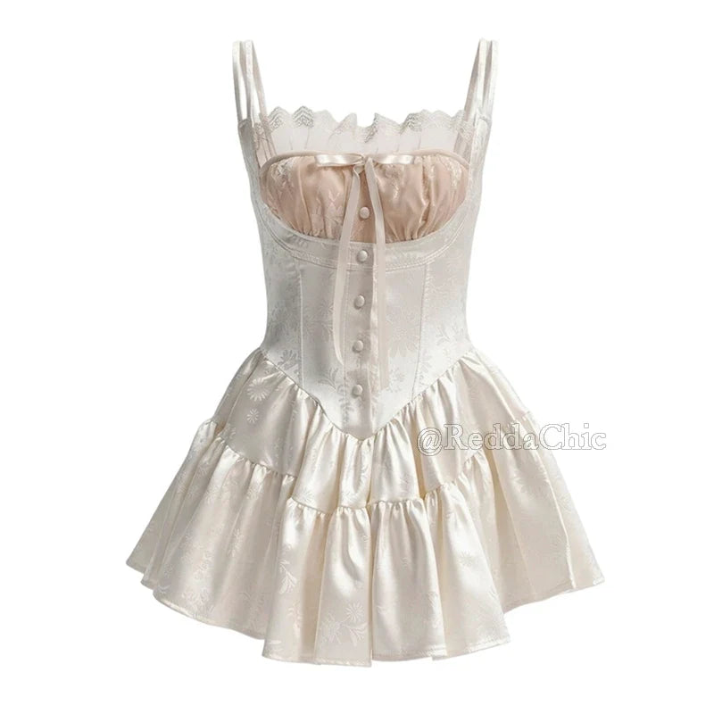 REDDACHiC Women Rompers Floral Satin Dress Vintage Square Neck Corset Lace Camisole Short Dress Pretty Conquete Summer Clothes