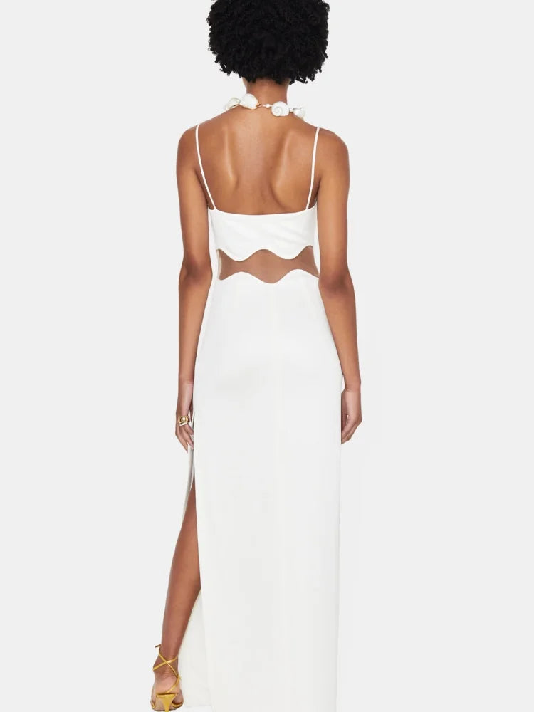 VC Fashion Sexy Black & White Strappy Sleeveless Maxi Dress with Sheer Design for Party Prom Evening Gown