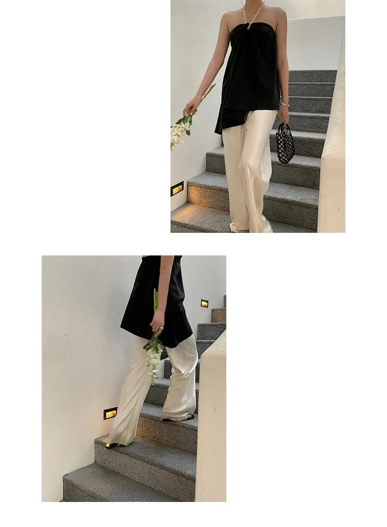 Satin Wide Leg Pants Long Floor Casual Pants Women's Summer