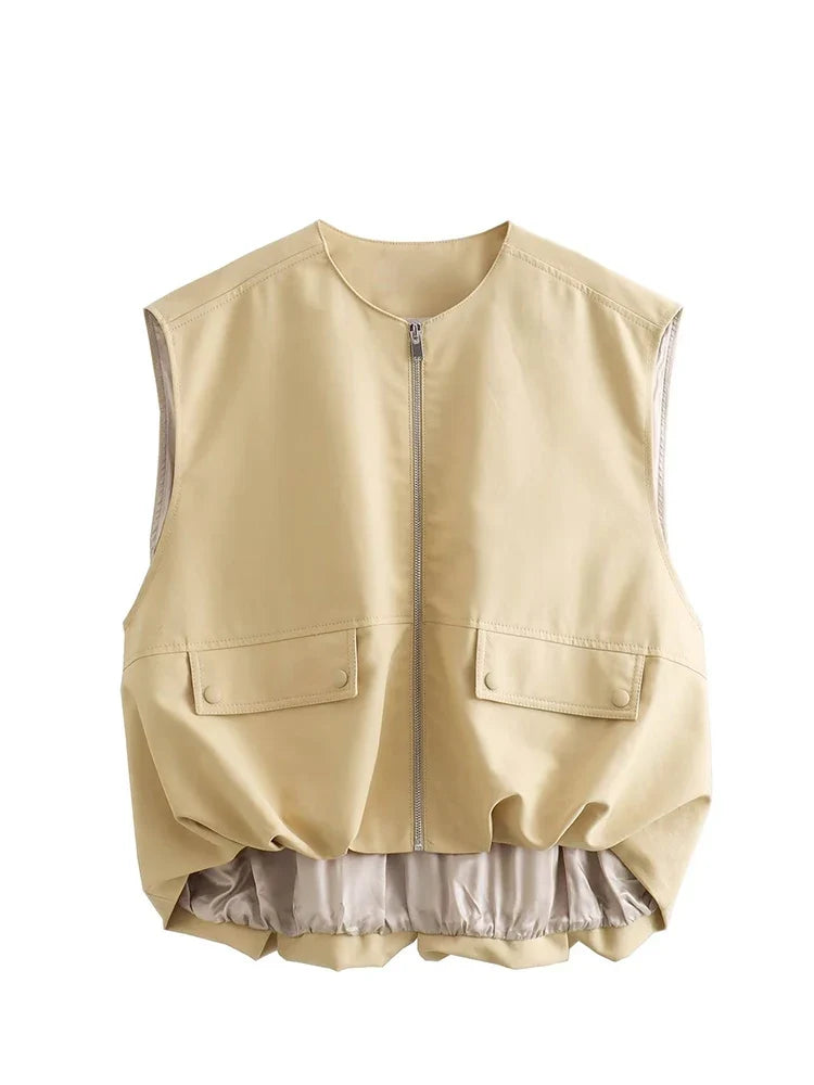 YENKYE New Women Gathered Hem Oversize Vest Round Neck Female Autumn Winter Female Chic Crop Waistcoat
