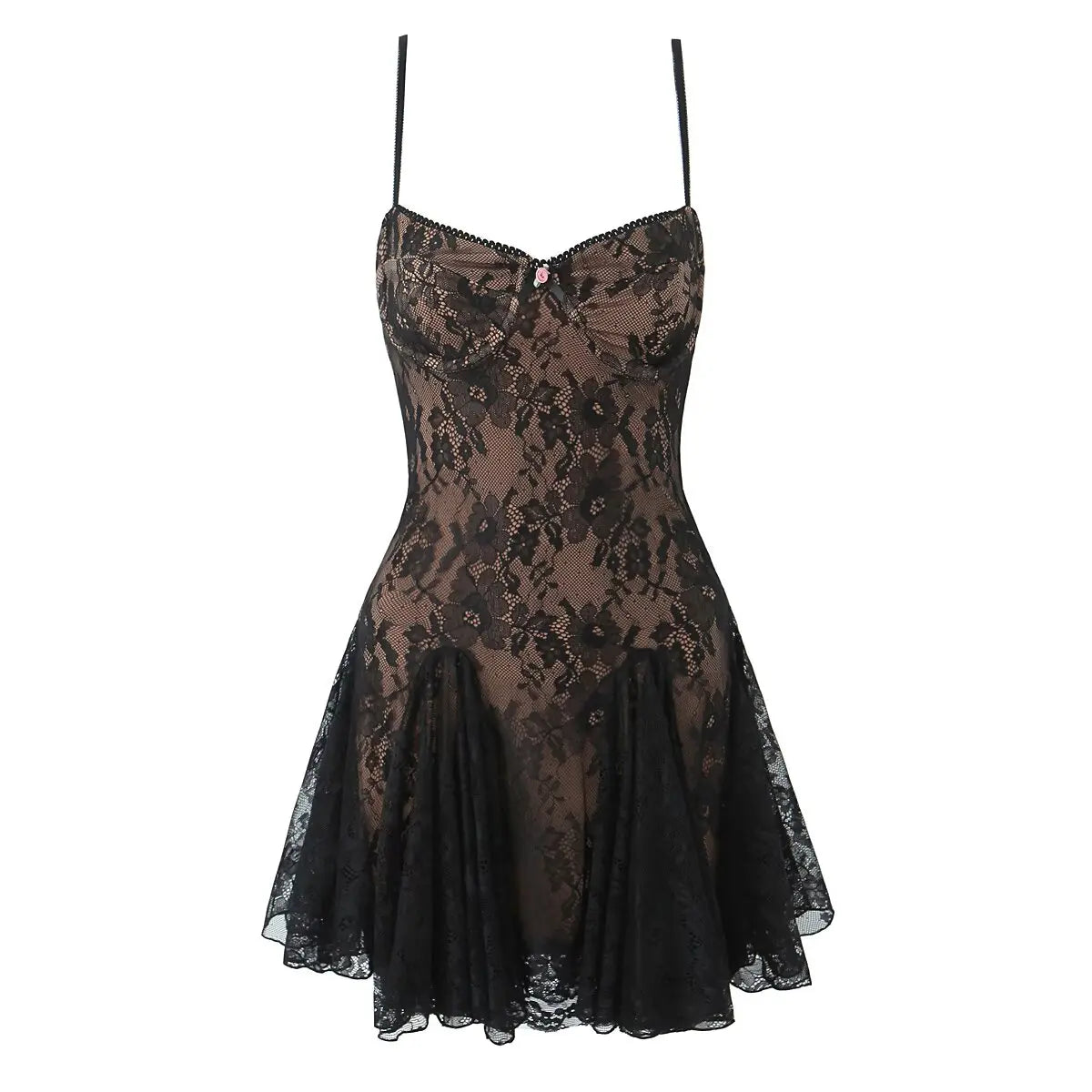 YENKYE New Fashion Women Spaghetti Straps Lace Sexy Dresses Black Beige Backless Hollow Out A-line Mini Dress Night Out Robe