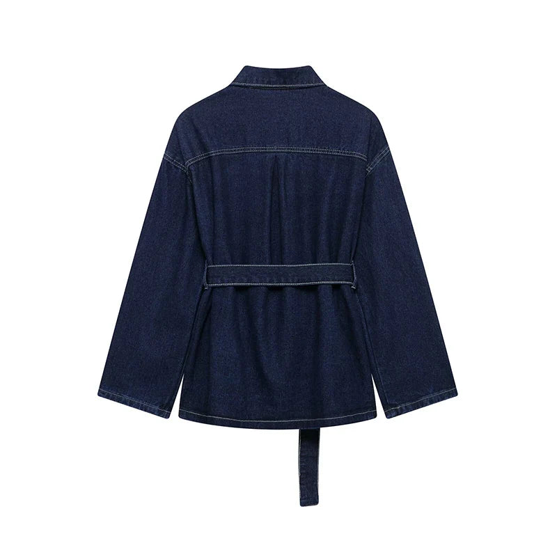 YENKYE Vintage With Belt Denim Jackets Women Y2K Lapel Single Breasted Pockets Coat 2025 Spring Lady Outfits Streetwear