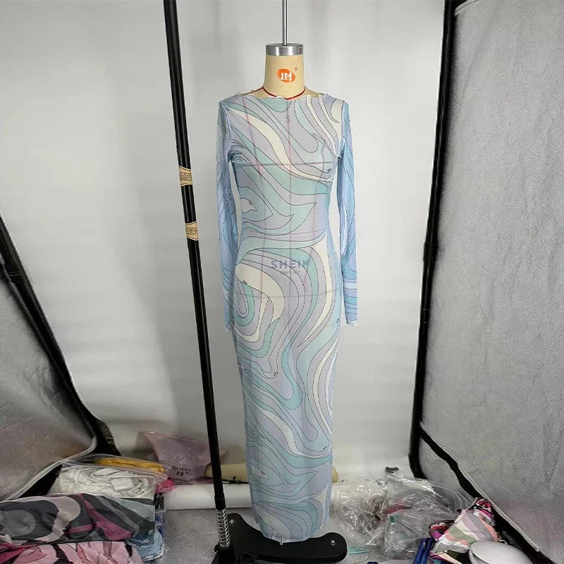 Sexy Women's Sheer Mesh Bodycon Maxi Dress Chic Print Sleeveless Slim Fit Beach Vacation Long Dresses Casual Daily Female Outfit