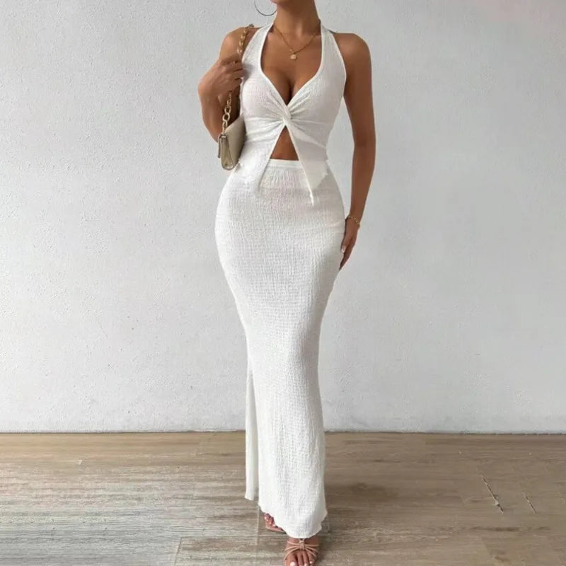 Tuularose White Long Skirt Two Piece Summer Sexy Twist Lace-up Vest Top Tight Long Skirt Set Elegant 2025 Female Long Dress Sets