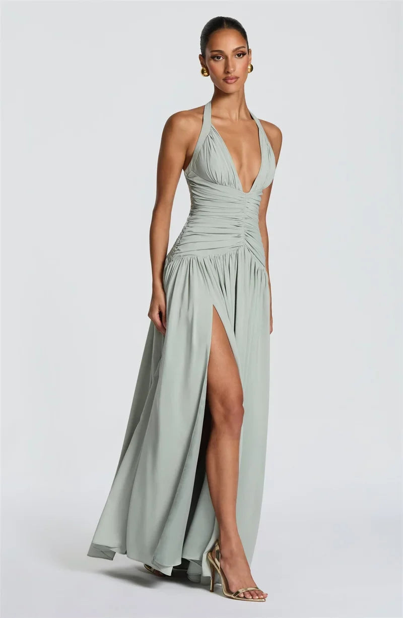 Mozision Halter Deep V Neck Sexy Maxi Dress Women Elegant Off-shoulder Sleeveless High Split Pleated Club Party Long Dress