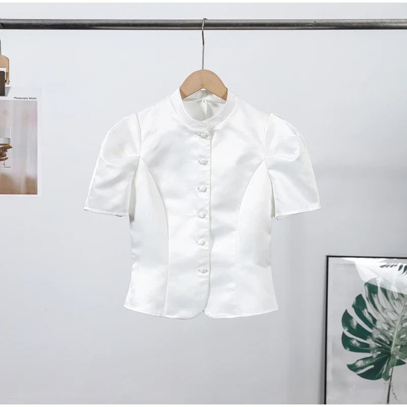 Fashion Street Ruffle Women's Blouse Solid Single Breasted Full Sleeve Pleated Cropped Shirt Lady New Casual Spring Clothing