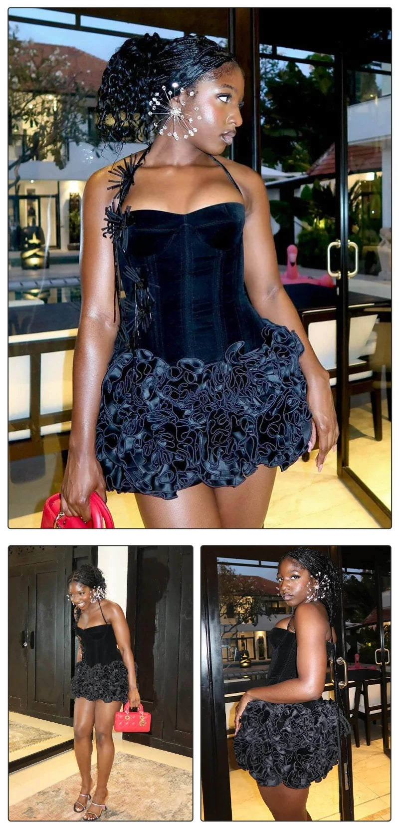 VC Structured Flowers Skirt Two Piece Set Halter Floral Black Red Corset Top With Mini Skirt Lace-up Suit Celebrity Party Wear