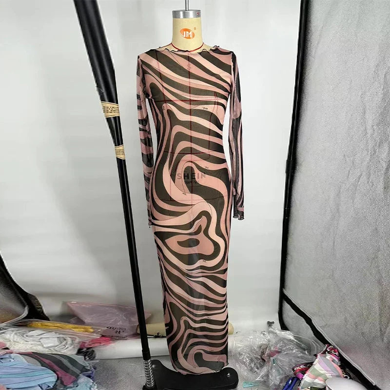 Sexy Women's Sheer Mesh Bodycon Maxi Dress Chic Print Sleeveless Slim Fit Beach Vacation Long Dresses Casual Daily Female Outfit