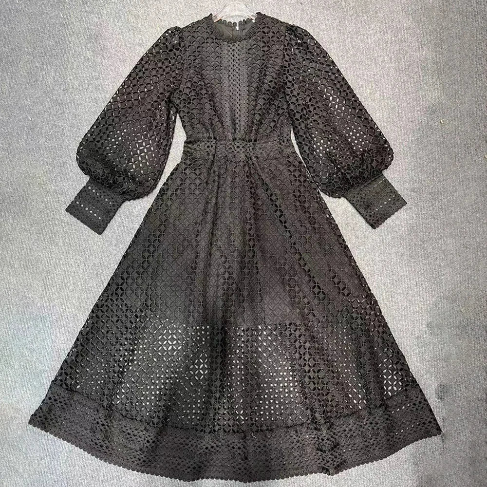 TWOTWINSTYLE Embroidery Cut Out Midi Dress For Women Round Neck Long Sleeve High Waist Solid Minimalist Dresses Female Clothing