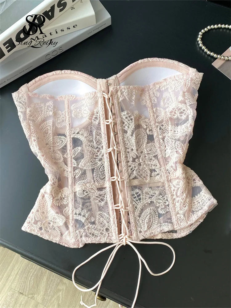 SINGREINY Floral Embroidery Sexy Club Top Female Strapless Slim Corset Backless Tank Top French Lace Up Basics Sheer Camisole
