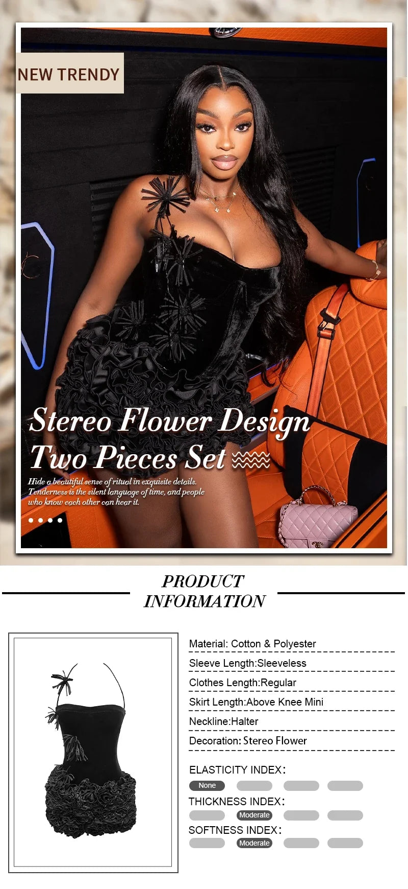 VC Structured Flowers Skirt Two Piece Set Halter Floral Black Red Corset Top With Mini Skirt Lace-up Suit Celebrity Party Wear