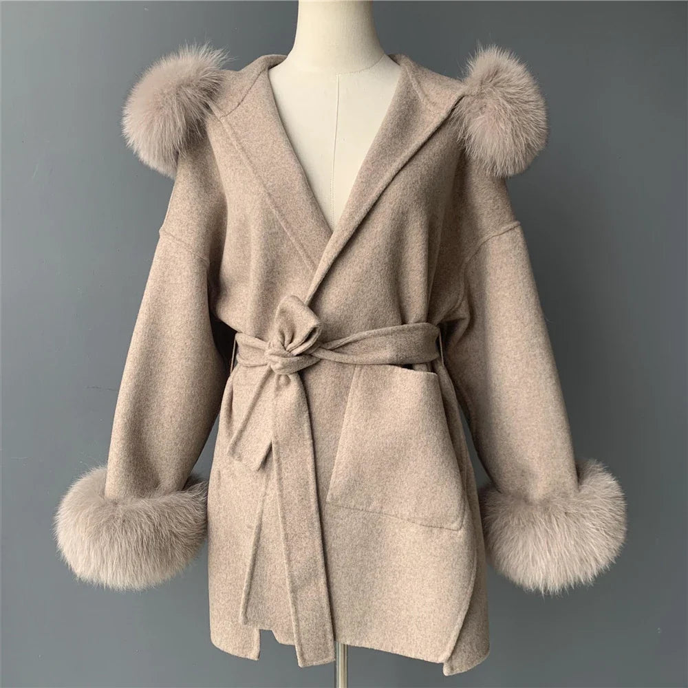 Jaxmonoy Women's Wool & Blends Coat With Real Fox Fur Ladies Autumn Winter Fashion Warm Loose Jacket with Hooded New in Outwear
