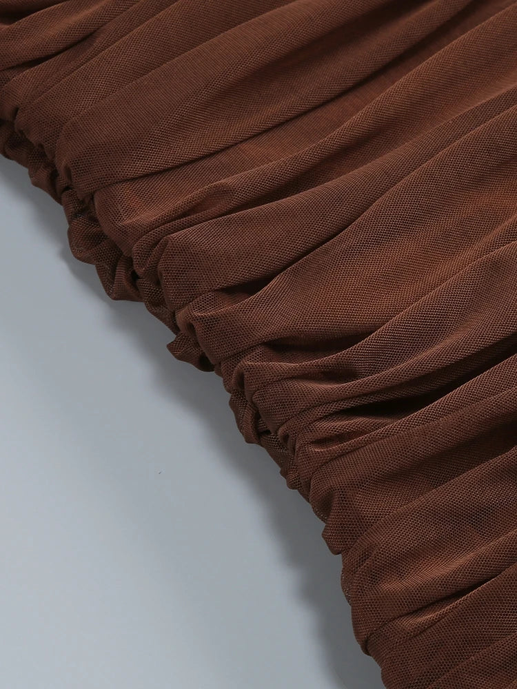 Sexy One Shoulder Ruched Design Long Dress Women Blue Brown Mesh Diagonal Collar Folds Slim Dresses Evening Party Cocktail Gowns
