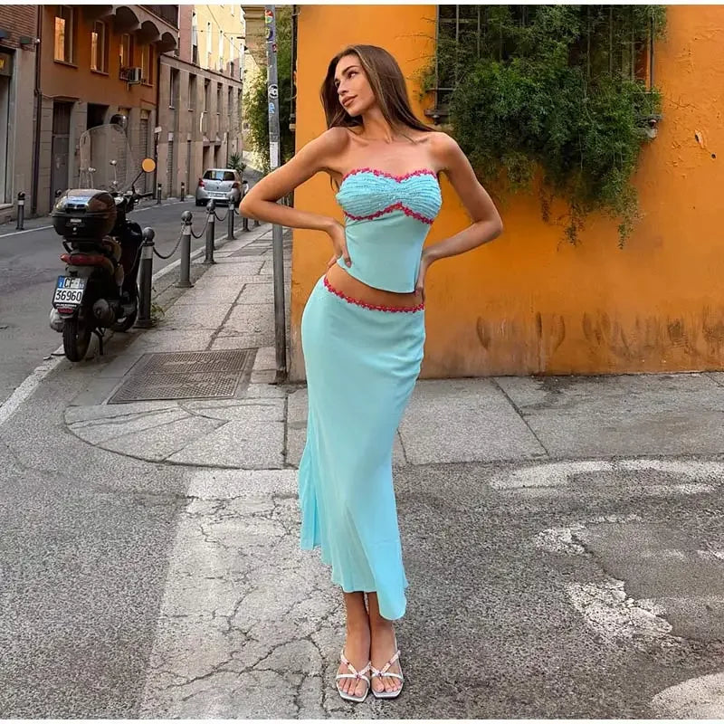 Sexy Sequins Cropped Top Long Skirt Sets Women Sleeveless Backless Lace Up Tank Slim Skirts 2026 Summer Beach Vacation Outfits