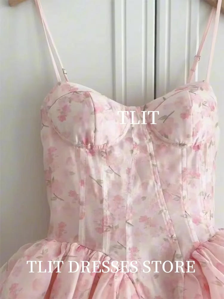 TLIT Fairy Baby Pink Printing Flowers Short Evening Dresses Spaghetti Strap Sweetheart Cocktail Dresses Customized Draped Gowns