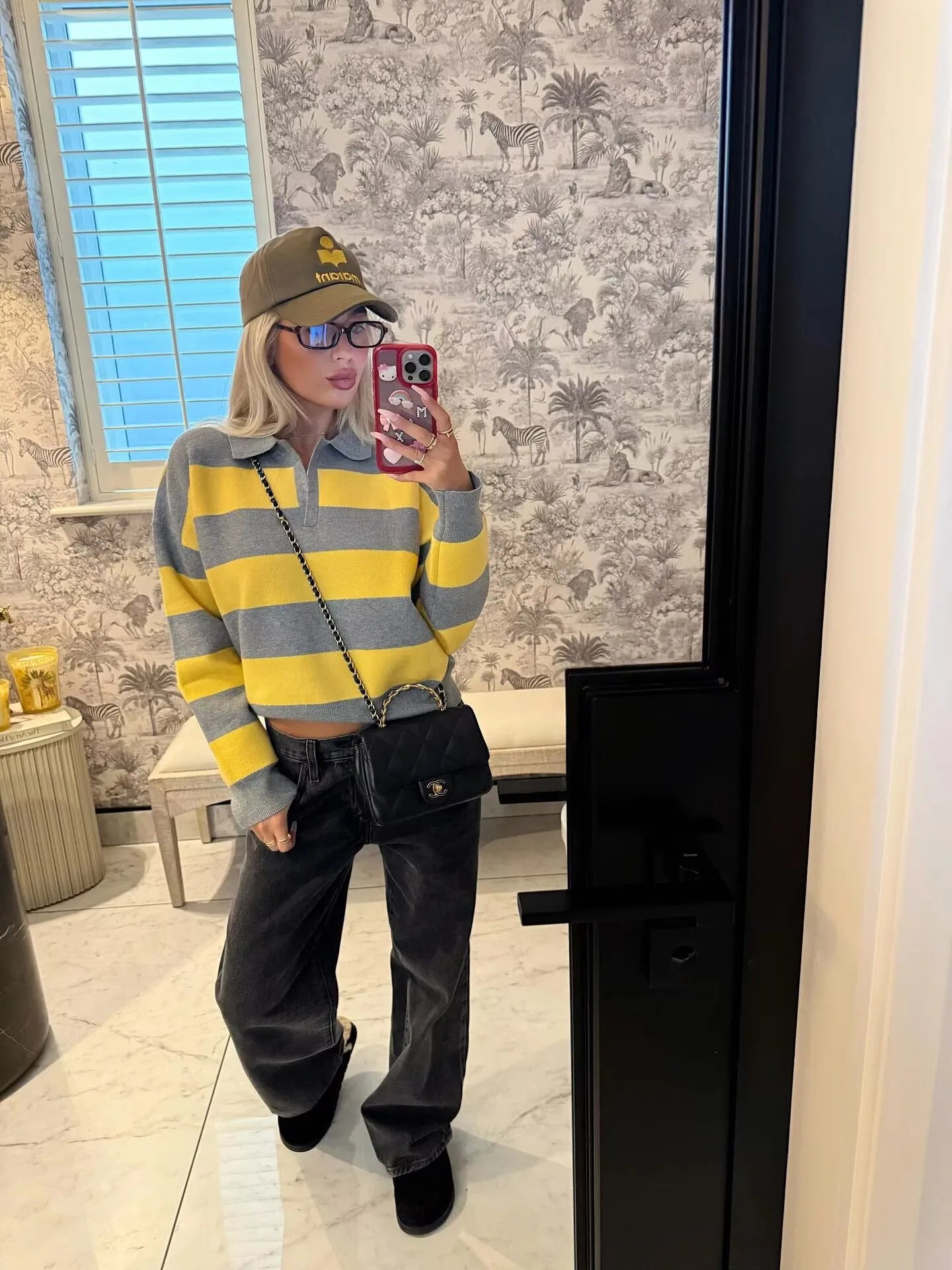 YENKYE 2025 Women Striped Knit Polo Neck Sweater Long Sleeve Casual Loose Autumn Pullover Tops