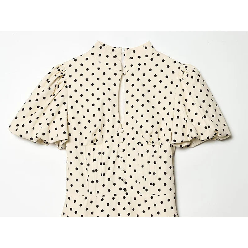 YENKYE European And American French Puff Sleeve Polka Dot Mini Dress Women A-line Slim Summer Elegant Vintage Dresses Daily Wear
