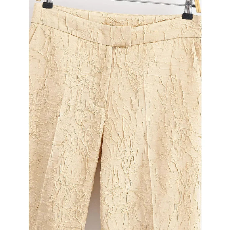 YENKYE New 2025 Women Mid-rise Wrinkled Satin Pants Female Fashion Straight Trousers pantalones de mujer