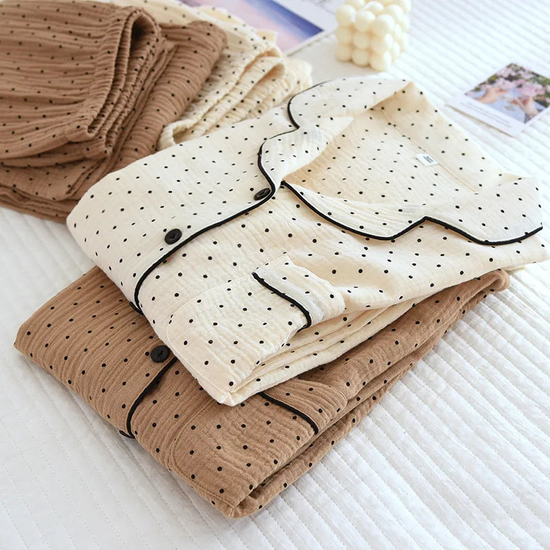 100% Cotton Gauze Women Pajamas Polka Dot Print Sleepwear 2025 Spring Female 2 Piece Set Nightwear Lady Pyjamas Loungewear