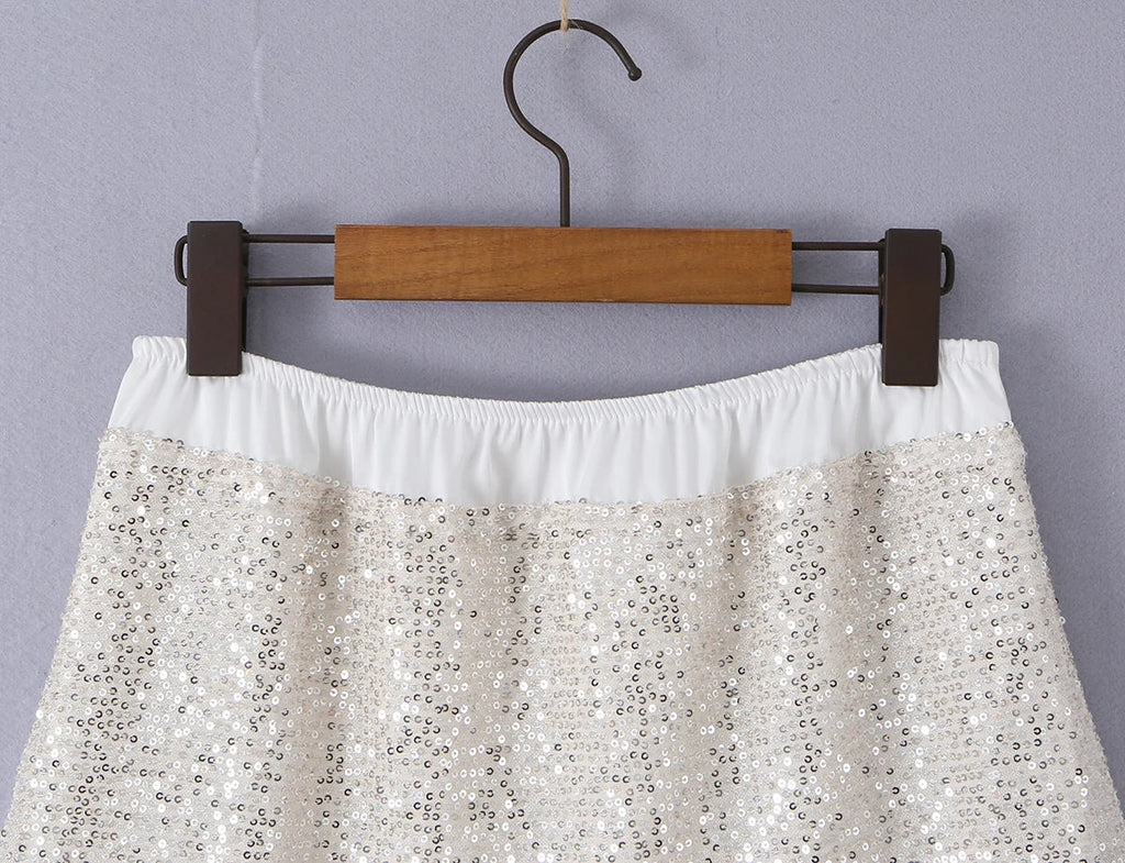 2026 Summer Women White Spliced Silver Sequins Mini Skirt Package Hips 2 Layers Rope Hem Short Skirts Femme Bottom