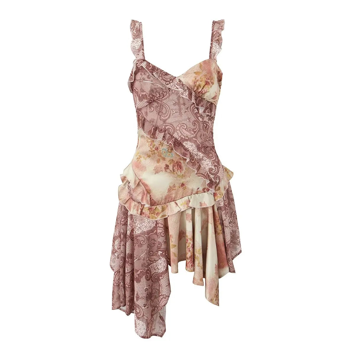 YENKYE Summer Women Vintage Print Irregular Hem Sling Mini Dress Sexy Backless Ruffle Holiday Beach Dresses Female Short Robe