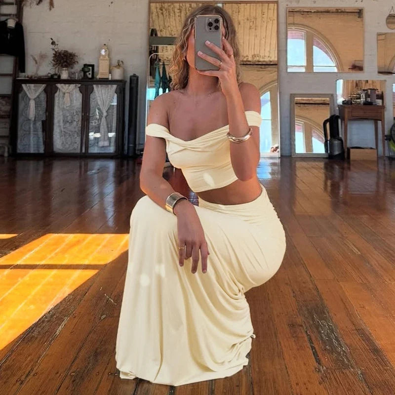 Tuularose Sexy Pleated Skirt Set For Women One-Length Shoulder Patchwork Top High Waist Long Skirt Set Lady Party Slim Dress Set