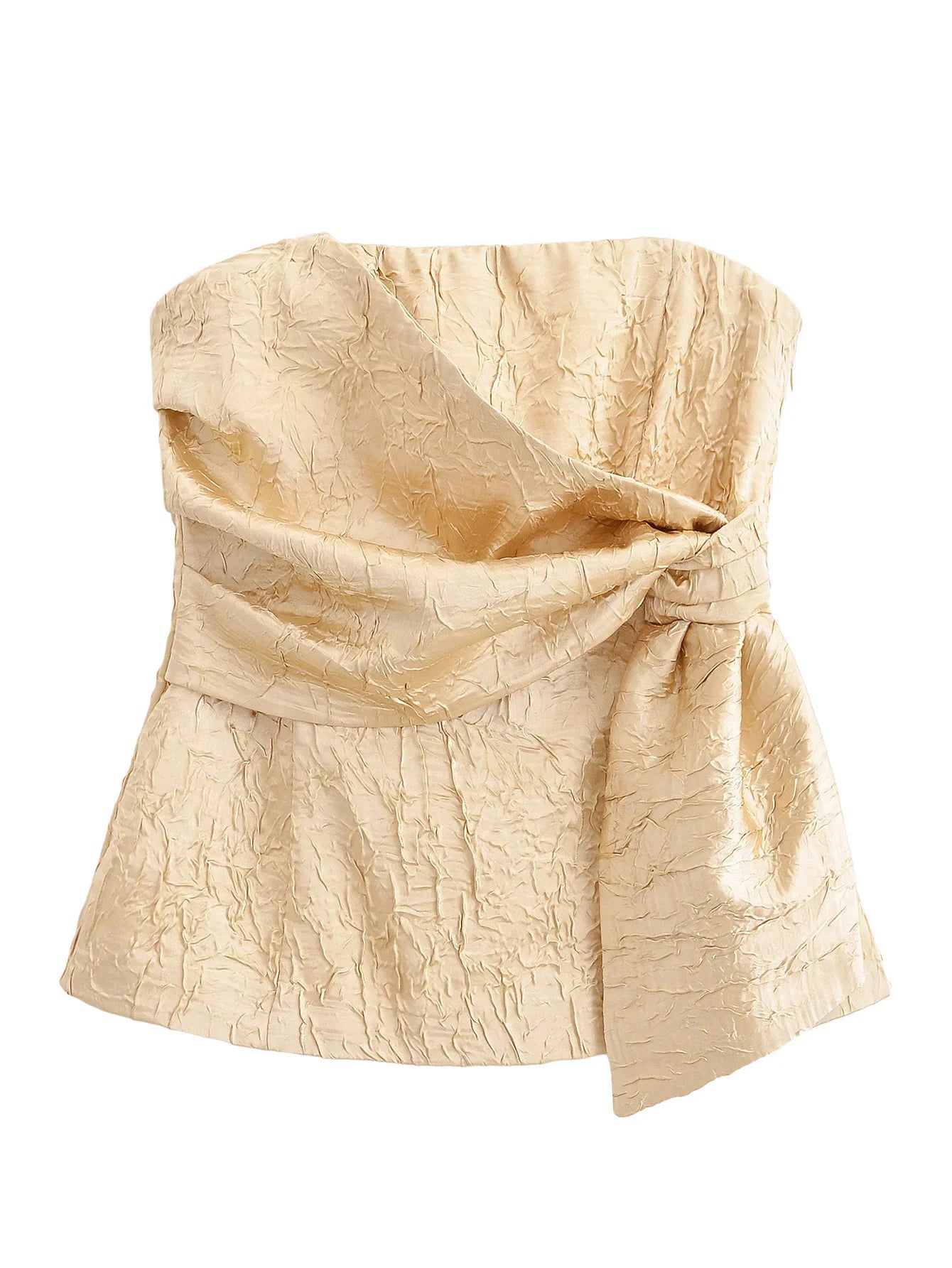 YENKYE New Fashion Women Front Knot Wrinkled Satin Strapless Tops Chic Party Crop Top Streetwear ropa de mujer 2025