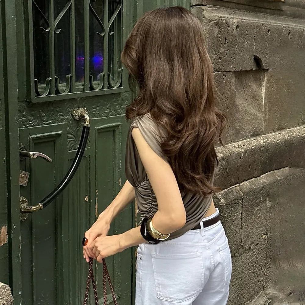 Cryptographic Fashion Ruched Asymmetrical Tops for Women Outfits Sexy Solid Sleeveless Chic Tops T-shirts Slim Summer Clothes