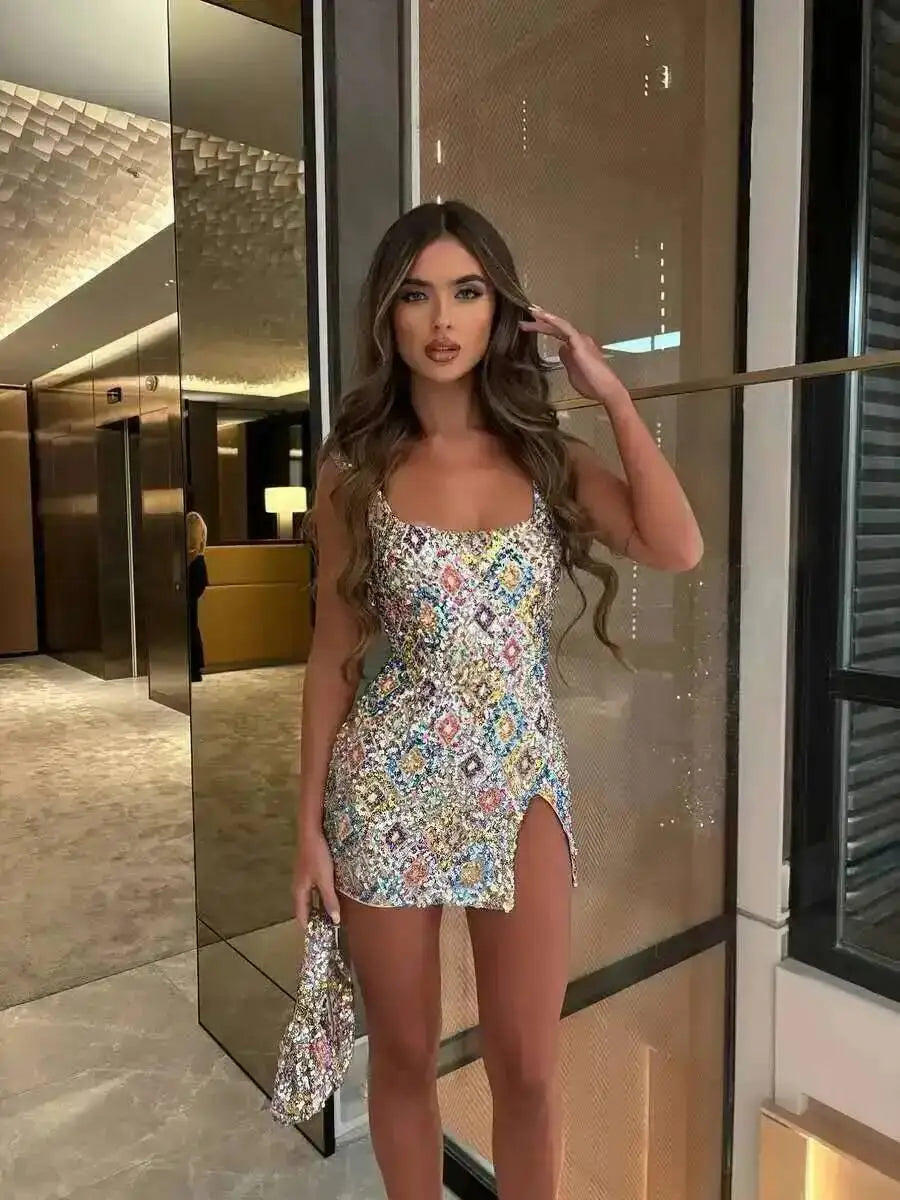 Avrilyaan Colorful Diamond Pattern Sequin Slit Sexy Dress Women 2025 Elegant Party Dress Backless Mini Summer Dress Vestidos