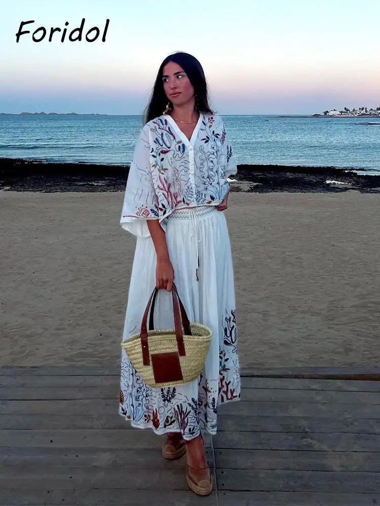 Foridol Marine Organism Embroidery Batwing Sleeve Summer Spring Maxi Skirt Set Cotton White Tassle Dress Set Outfits Button Suit