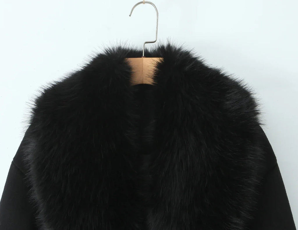 New Autumn Winter Black Shaggy Faux Fur Lapel Collar Woolen Coat Women Bow Sashes Long Sleeve No Button Midi Trench Outerwear