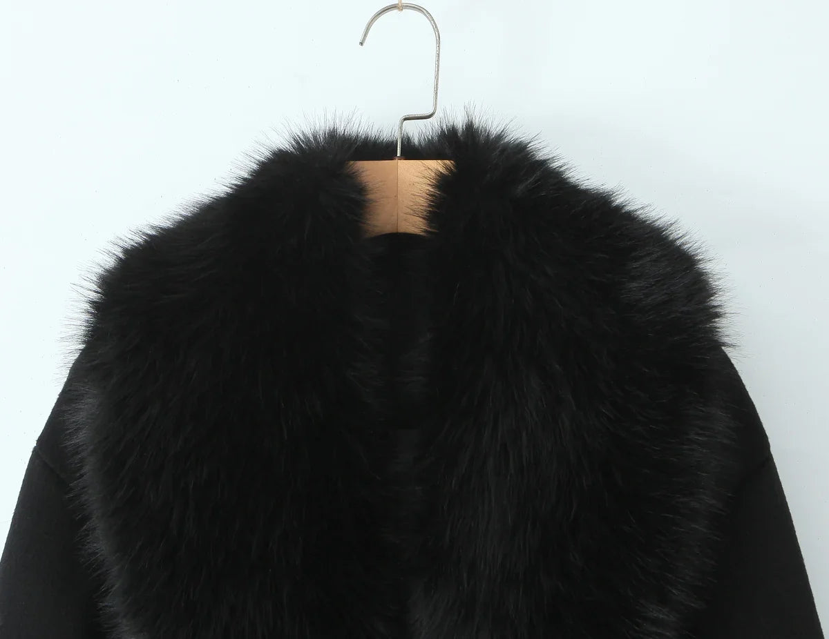 New Autumn Winter Black Shaggy Faux Fur Lapel Collar Woolen Coat Women Bow Sashes Long Sleeve No Button Midi Trench Outerwear