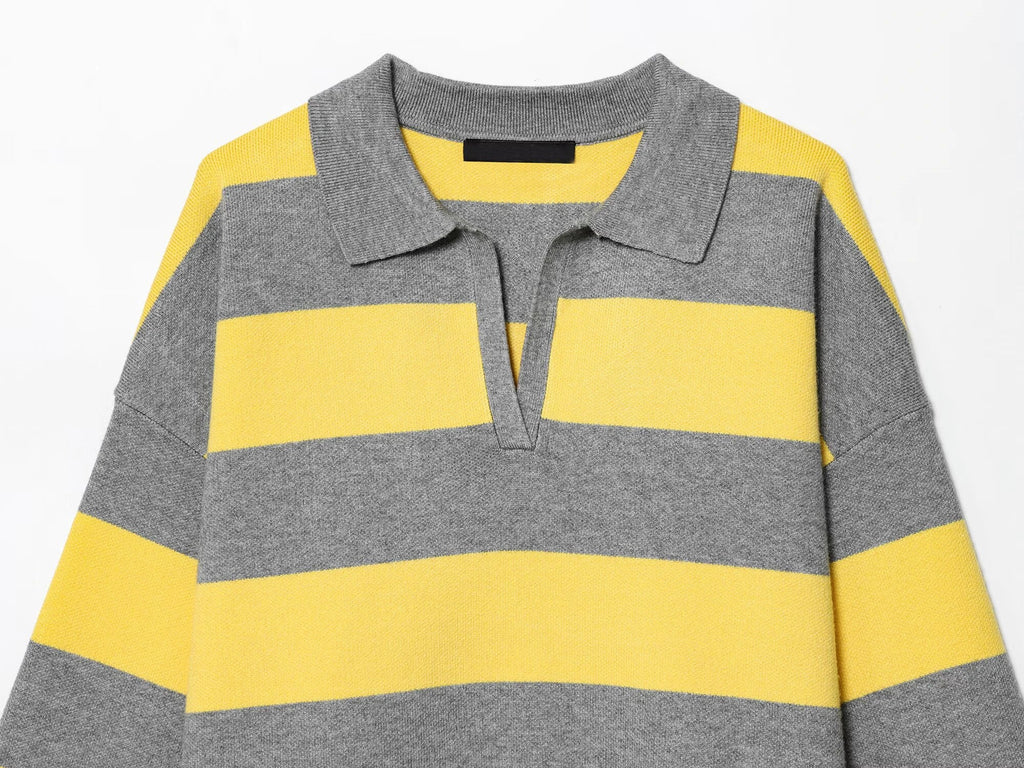 YENKYE 2025 Women Striped Knit Polo Neck Sweater Long Sleeve Casual Loose Autumn Pullover Tops