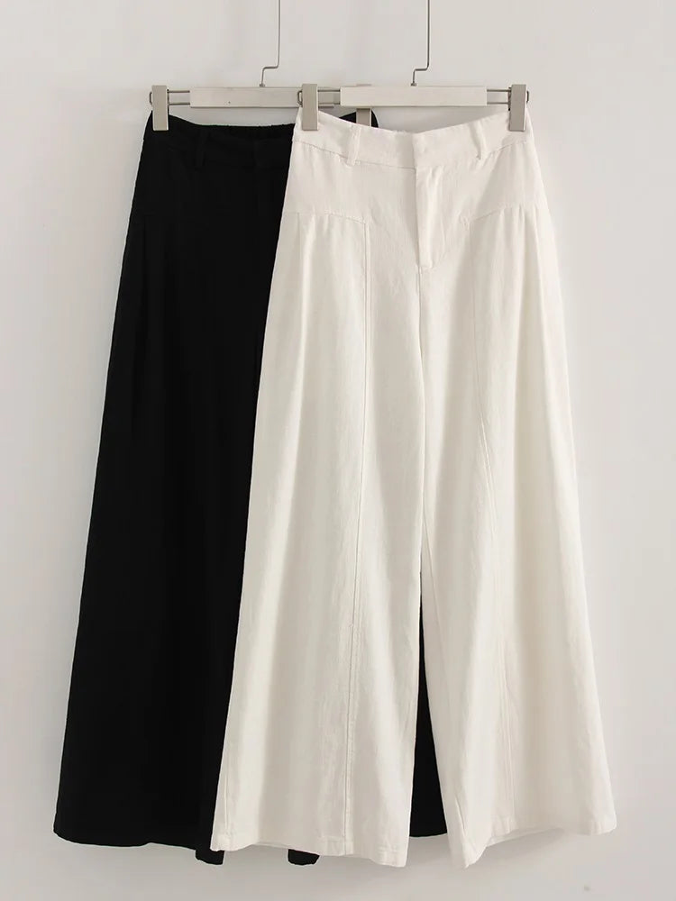 White Cotton Linen Pants Women Wide Leg Formal Trousers Summer Straight Leg Suit Pants High Waist Ladies Formal Pants Loose