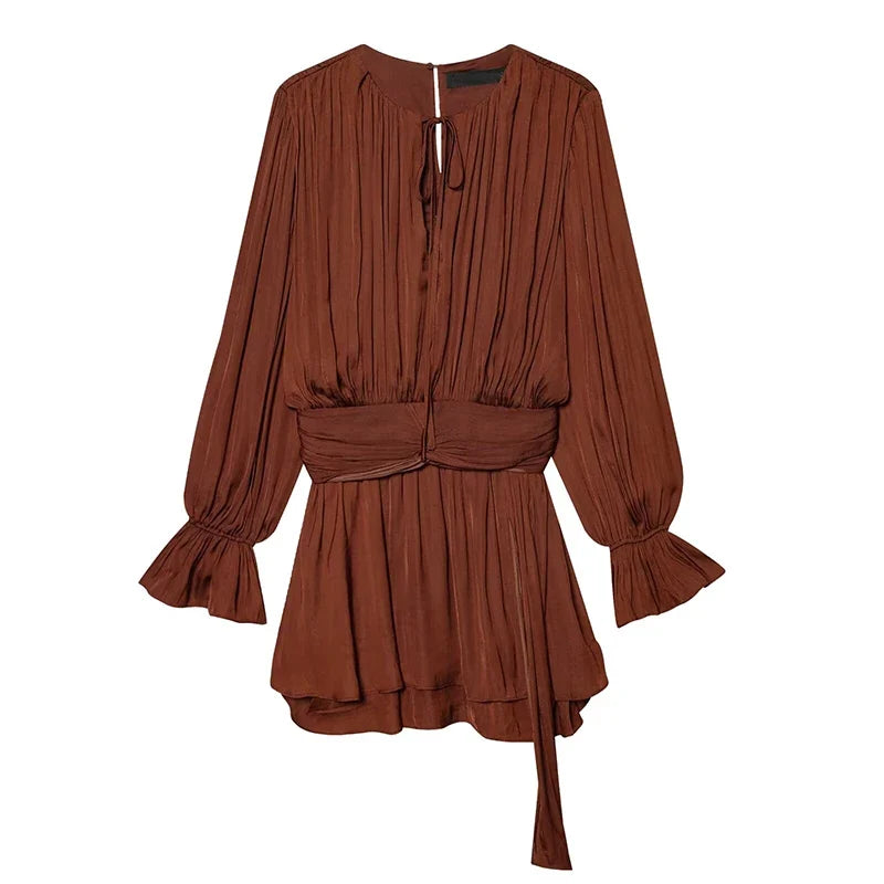 YENKYE New 2026 Women Pleated Satin Mini Dress Long Sleeve Spring Vestidos Casual Outings