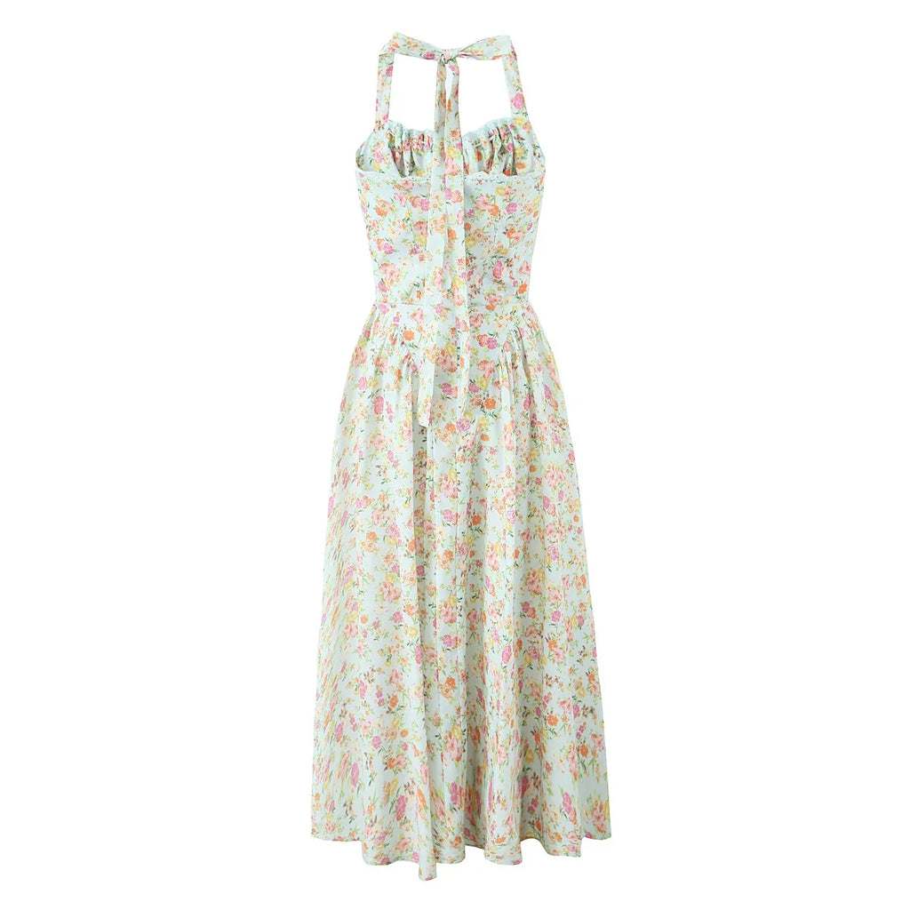 2024 Sexy Pink Corset Style Bow Halter Dress Spliced Lace Drawstring Rope Chest Pleated Slim Low Waist A-lined Swing Midi Robe
