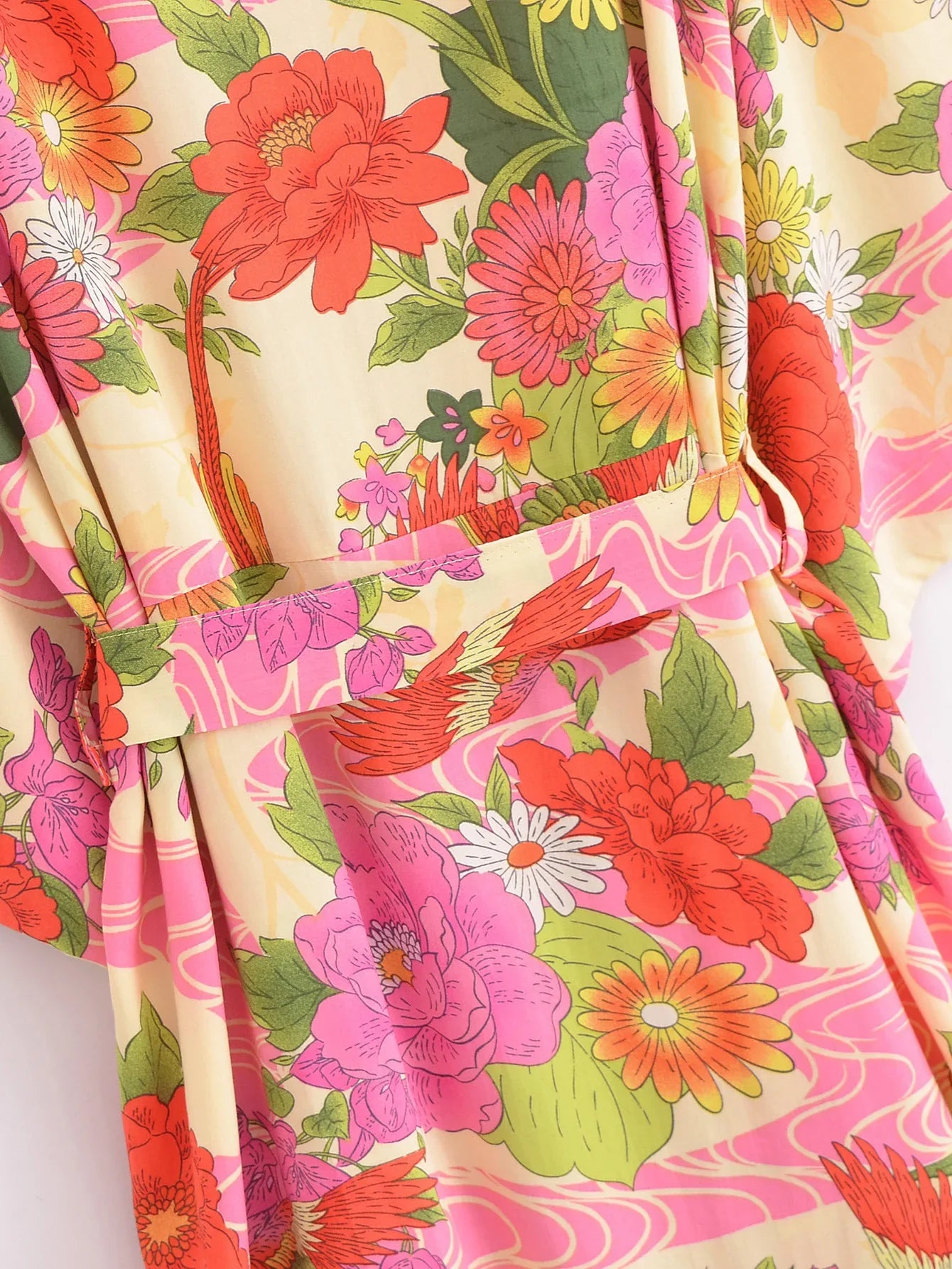 2024 BOHO Orange Flower Bird Print Long Kimono Shirt Ethnic Lacing up Sashes Midi Long Holiday Cardigan Robe Loose Blouse Tops