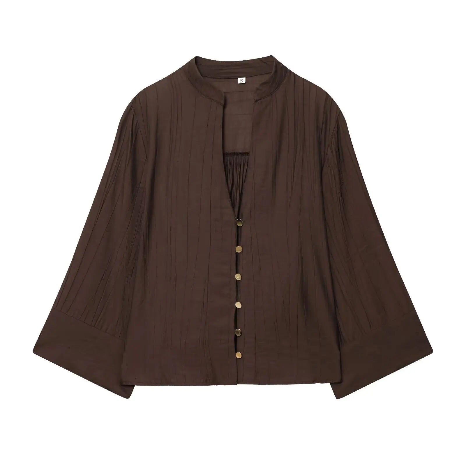 YENKYE Front Button V Neck Wide Sleeves Brown Shirt Women Casual Loose Autumn Blouse Blusas Mujer
