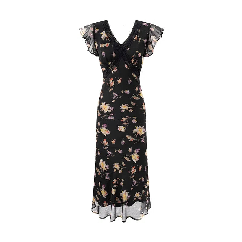 YENKYE French Style Floral Print Elegant Summer Dress For Women Flying Sleeve V Neck A-line Midi Dress Vacation Vestidos 2026