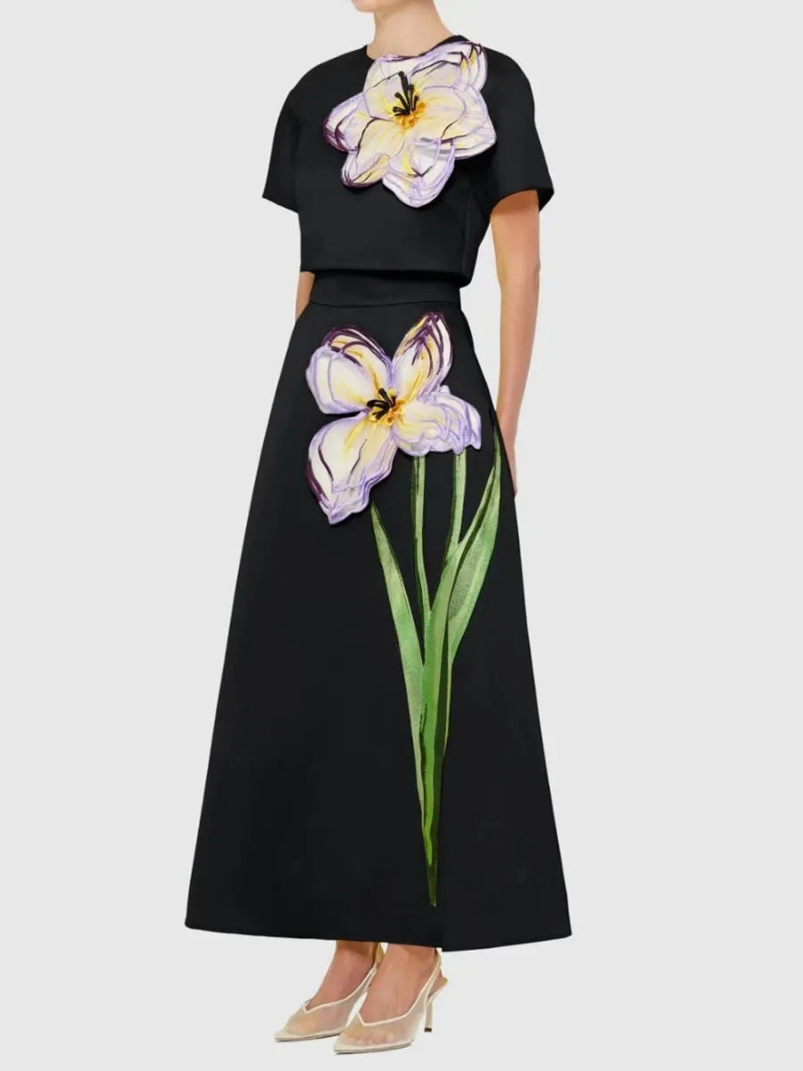 TWOTWINSTYL Solid Loose Two Piece Set For Women Round Neck Short Sleeves Split Top High Waist Skirt Elegant Sets Female Clothing