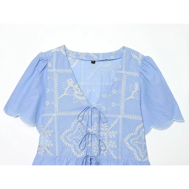 YENKYE 2026 Women Blue Hollow Out Embroidered Crop Shirt V-Neck Tie Front Short Sleeve Blouse Casual Summer Boho Tops