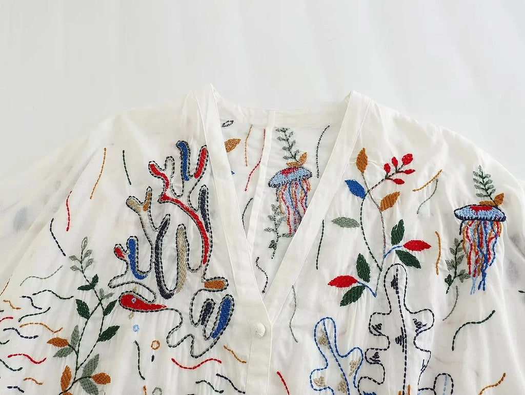 Foridol Marine Organism Embroidery Batwing Sleeve Summer Spring Maxi Skirt Set Cotton White Tassle Dress Set Outfits Button Suit