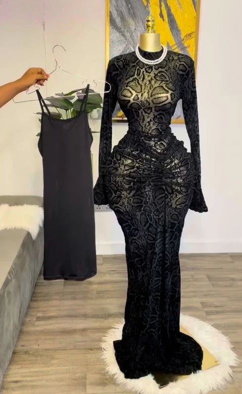 CM.YAYA Women Long Sleeve Stacked Mesh See Though with Lining Bodycon Long Dress 2025 Autumn Evening Birthday Sexy Party Dresses