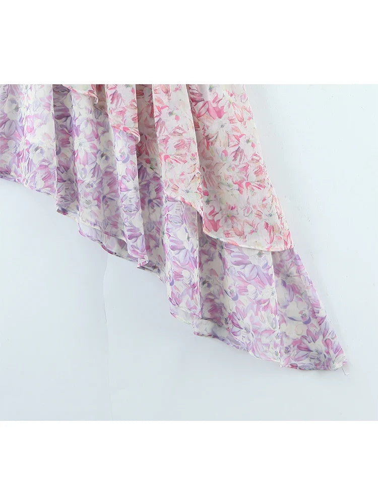 YENKYE Summer Women Multi Color Block Irregular Floral Print Sexy Sling Dress Sweet Ruffle Female Sleeveless Boho Beach Dress