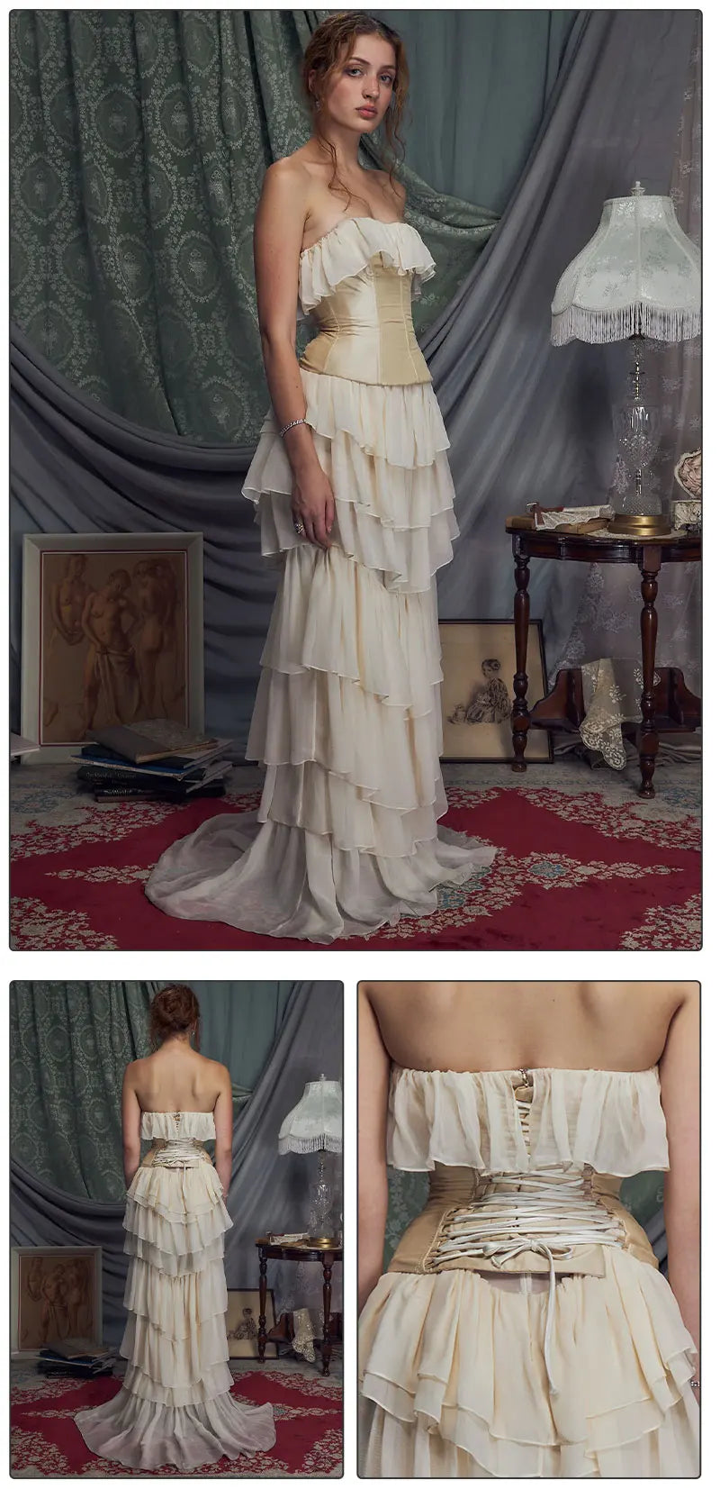 VC Sets For Women 2 Pieces Elegant And Pretty Lace-Up Corset And Slash Neck Long Cake Dress Set Chiffon Female Clothing