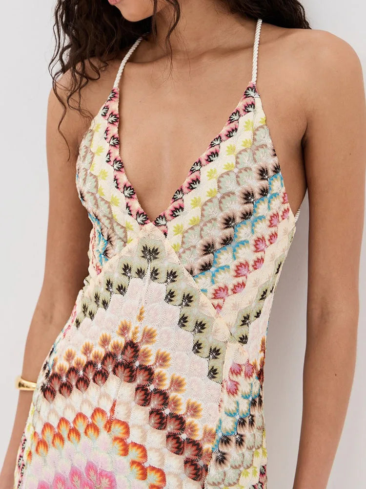 Holiday Spaghetti Strap Simple Party Dress, Women Summer Printing Backless Sexy Maxi Dress, 2025 Deep V Neck Chic Ladies Dress