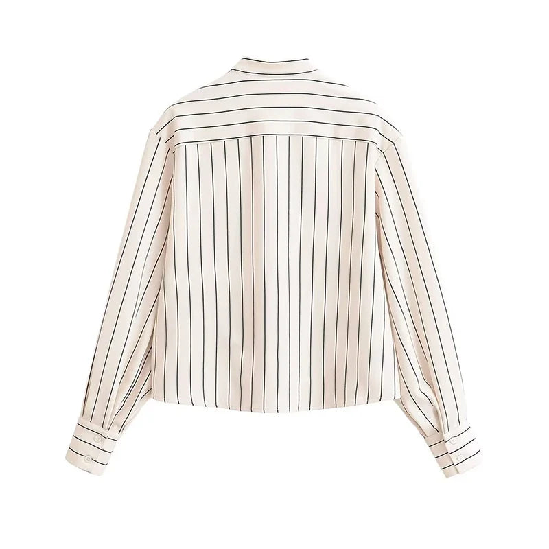 YENKYE Minimalist Striped Shirt For Women Stand Collar Long Sleeve Button Up Blouse Elegant Work Wear